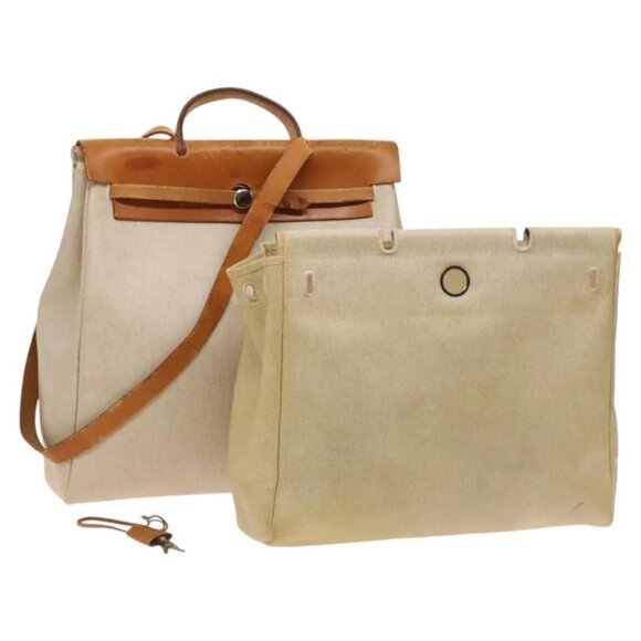HERMES Herbag MM Tote Bag Coated Canvas Beige Silver Auth bs25502 - Picture 1 of 16